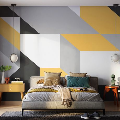 Painel de Parede Geométrico Grande Cinza e Amarelo