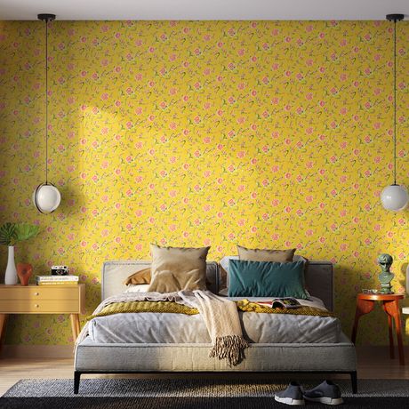Painel de Parede Floral Japonaisserie 03 Amarelo e Vermelho