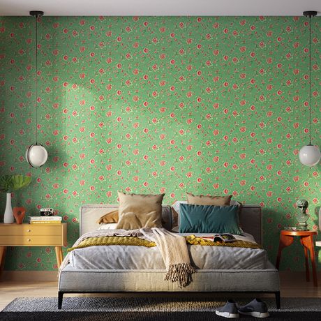 Painel de Parede Floral Japonaisserie 03 Verde e Vermelho