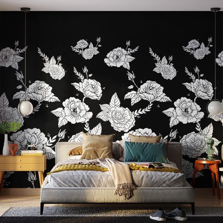 Painel de Parede Flores Pretas Branco e Preto