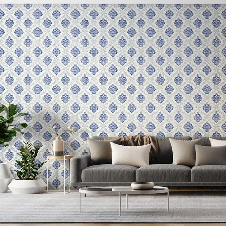Papel de Parede Vinílico Arabesco do Tempo Azul e Cinza