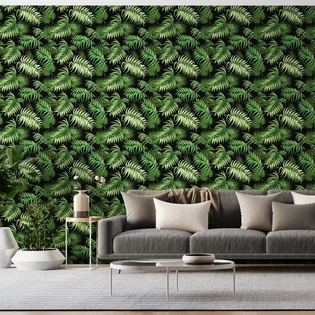 Papel de Parede Vinílico Paisagem Tropical Preto e Verde