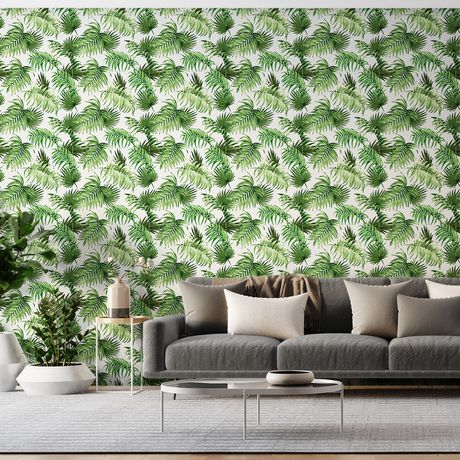 Papel de Parede Vinílico Paisagem Tropical Verde e Branco I