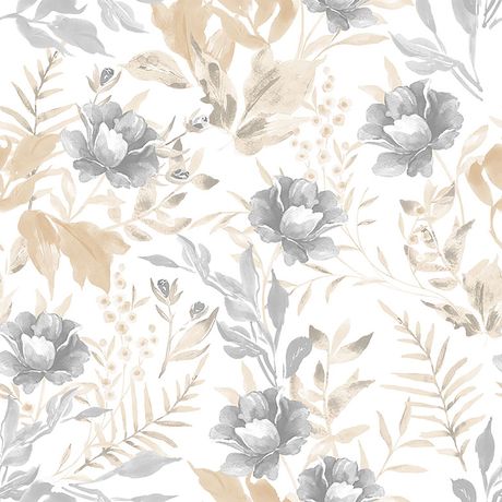 Papel de Parede Vinílico Floral Aquarela Cinza e Bege
