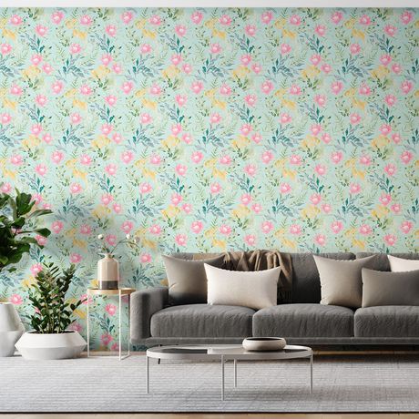 Papel de Parede Vinílico Floral Aquarela Rosa e Verde