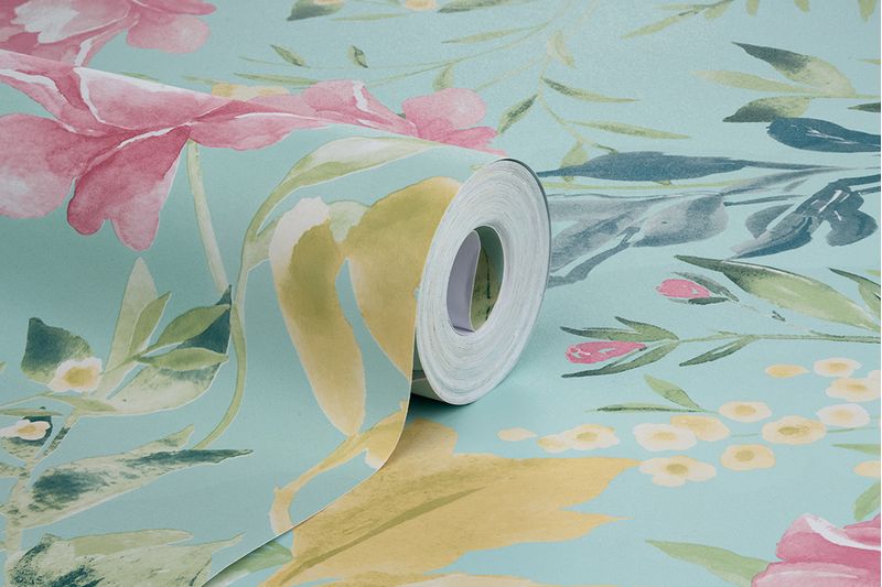 Papel-de-Parede-Vinilico-Floral-Aquarela-Rosa-e-Verde
