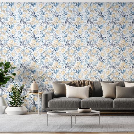 Papel de Parede Vinílico Floral Aquarela Azul e Amarelo