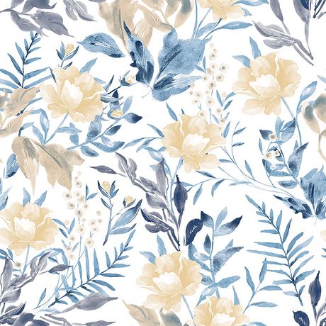 Papel de Parede Vinílico Floral Aquarela Azul e Amarelo