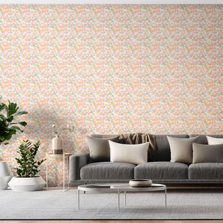 Papel de Parede Vinílico Mosaico Triângulos Laranja e Rosa