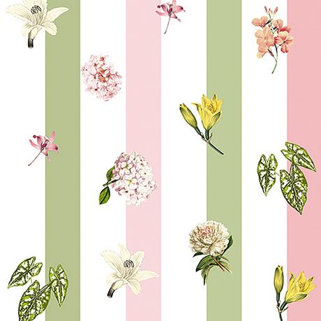 Papel de Parede Vinílico Floral Fotográfico Listras Rosa e Verde