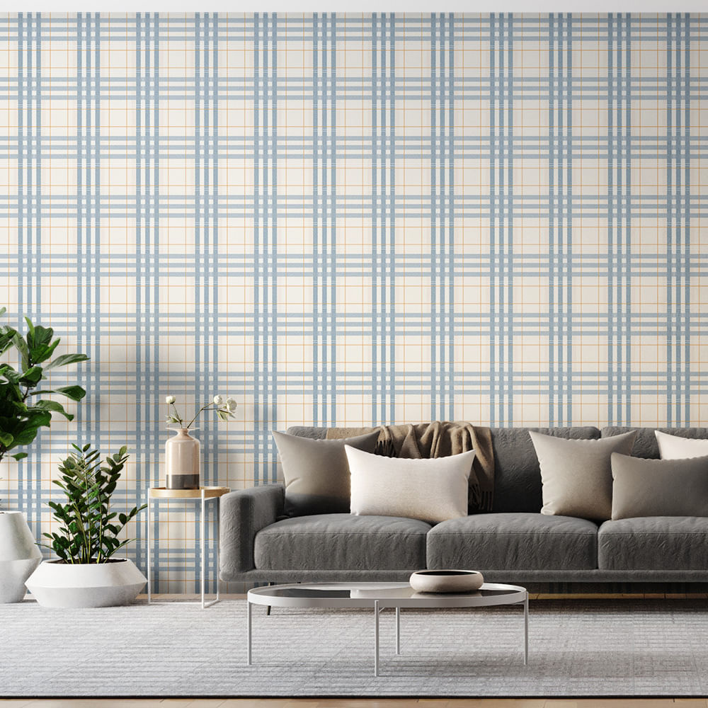 Papel de parede importado vinílico texturizado xadrez tons azul