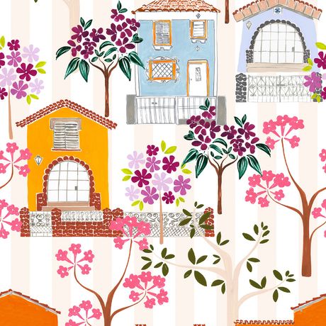 Papel de Parede Vinílico Casitas Rosa e Branco