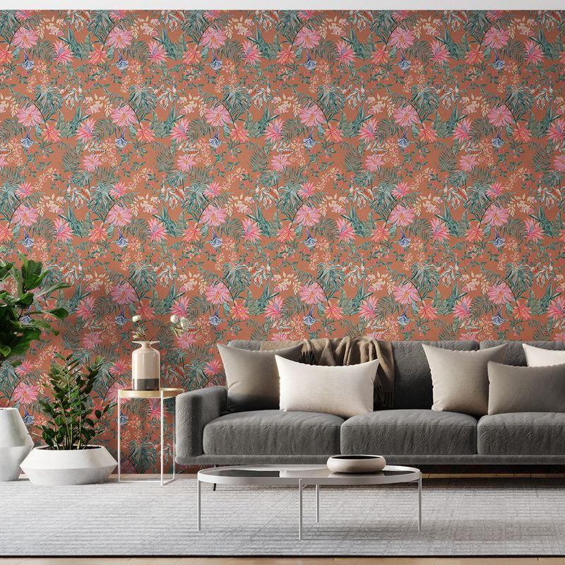 Papel-de-Parede-Vinilico-Tropicana-Floral-Marrom-e-Rosa