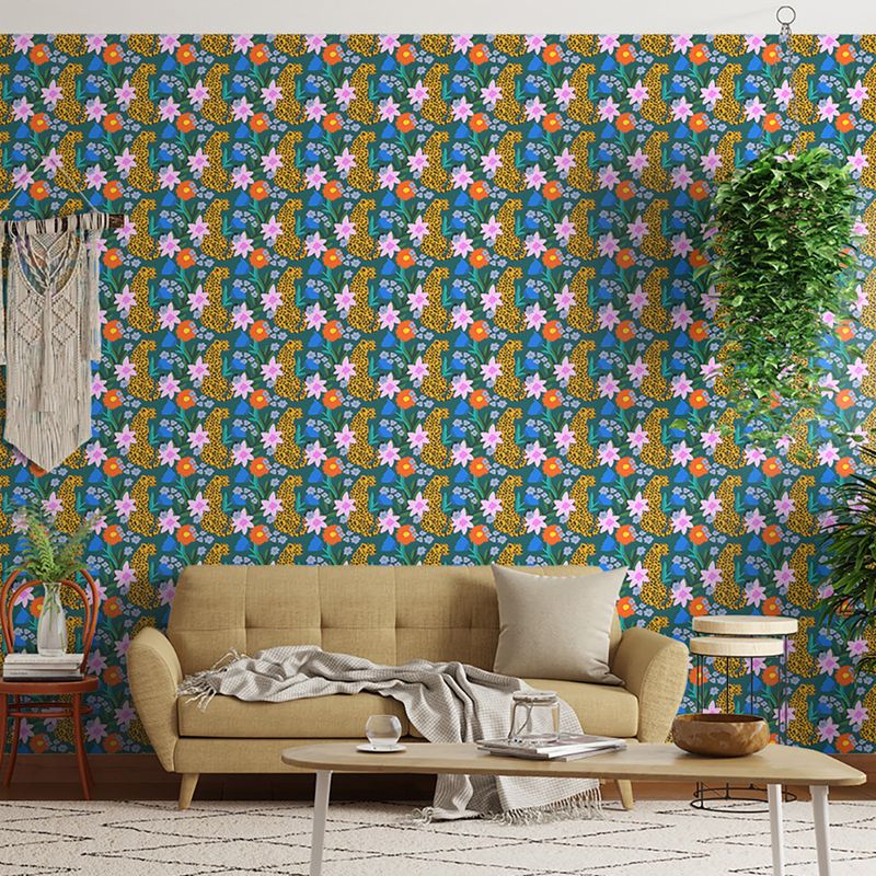 Papel-de-Parede-Vinilico-Jardim-Leopard-I-Verde-e-Laranja