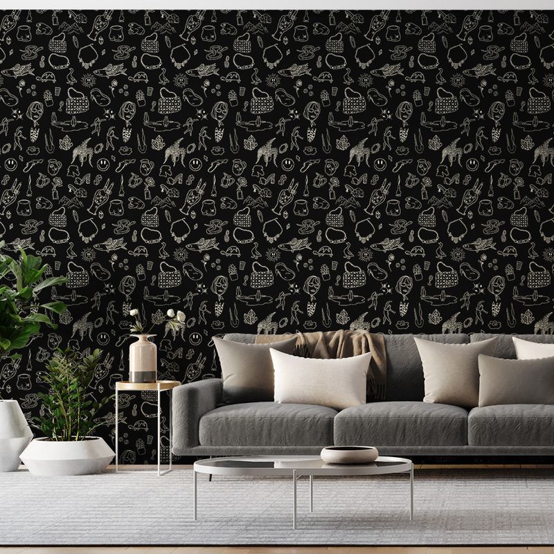 Papel-de-Parede-Vinilico-Simbolos-Misticos-Preto-e-Bege
