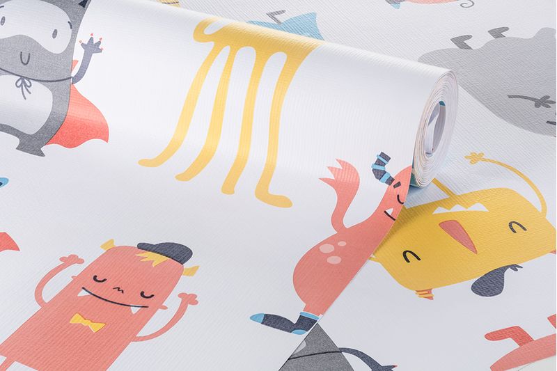 Papel-de-Parede-Vinilizado-Monstrinhos-Vermelho-e-Cinza