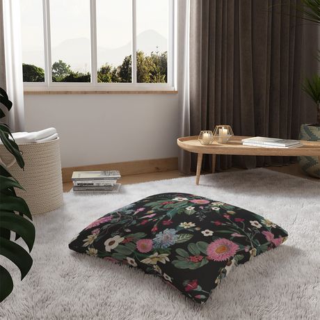 Almofada de Chão Quadrada Floral Cool Preto