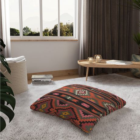 Almofada de Chão Quadrada Tapeçaria Kilim Amarelo e Rosa I