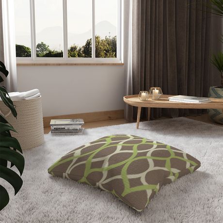 Almofada de Chão Quadrada Ikat Curvas Verde e Bege
