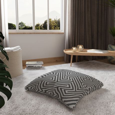 Almofada de Chão Quadrada Ikat Linhas Preto e Cinza