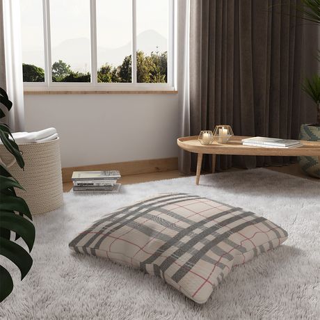 Almofada de Chão Quadrada Xadrez Tartan Bege e Preto