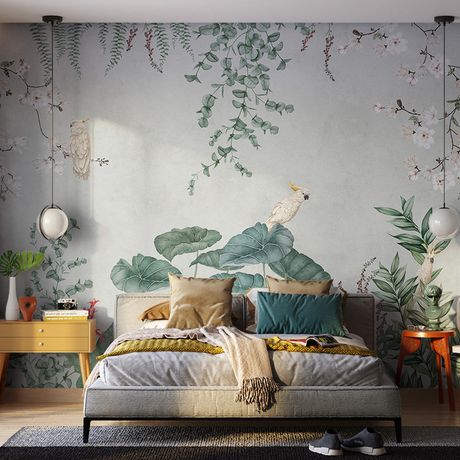 Painel de Parede Selva com Cacatuas Verde e Branco