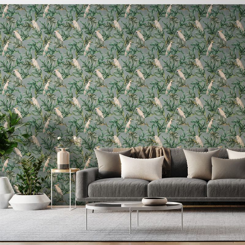 Papel-de-Parede-Vinilico-Selva-com-Cacatuas-Verde-e-Branco