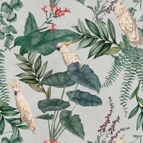 Papel de Parede Vinílico Selva com Cacatuas II Verde e Branco