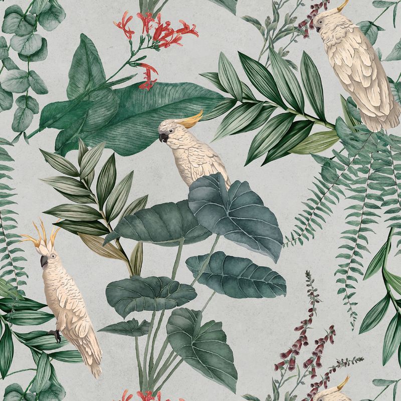 Papel-de-Parede-Vinilico-Selva-com-Cacatuas-II-Verde-e-Branco