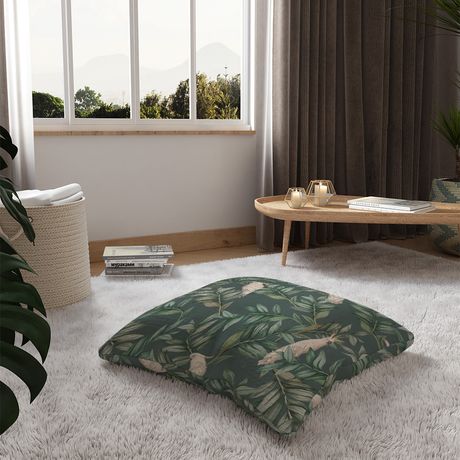 Almofada de Chão Quadrada Selva com Cacatuas Verde e Branco