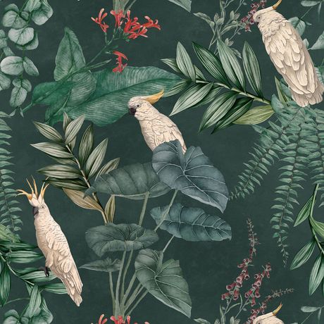 Papel de Parede Vinílico Selva com Cacatuas I Verde e Branco