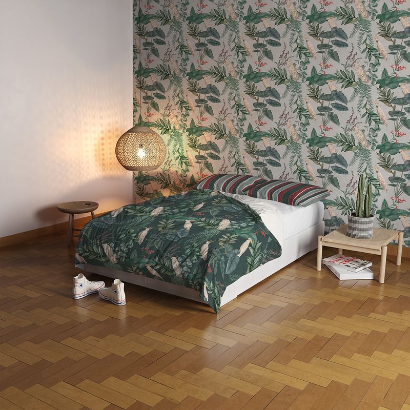 Capa-de-Edredom-Selva-com-Cacatuas-II-Verde-e-Branco