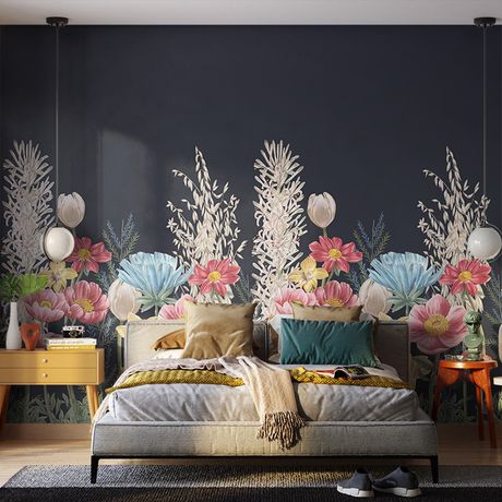 Painel de Parede Flores Felizes Preto e Vermelho