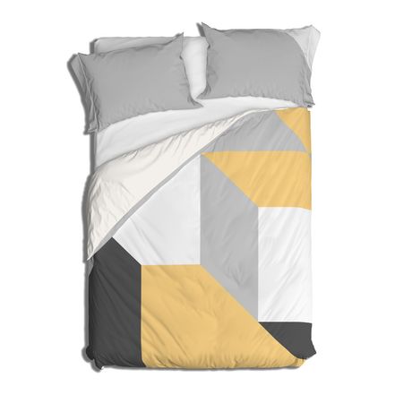 Capa de Edredom Geométrico Grande Cinza e Amarelo